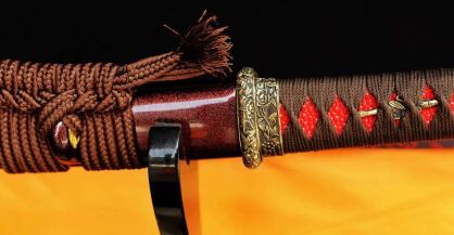 MIECZ SAMURAJSKI WAKIZASHI, STAL WYSOKOWĘGLOWA 1095 WARSTWOWANA CZERWONA DAMASCEŃSKA, R322
