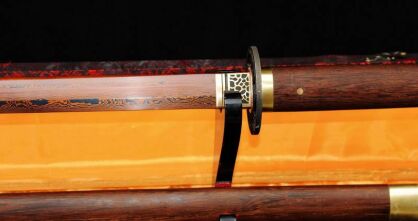 MIECZ JAPOŃSKI SAMURAJSKI NINJA DO TRENINGU, STAL WYSOKOWĘGLOWA 1095 WARSTWOWANA DAMASCEŃSKA CZERWONA, R355