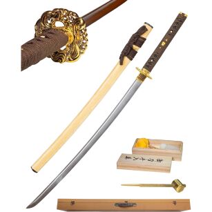 Katana Damast Plus-Wartungskit Plus Schwertständer und Truhe Schwert scharf echt zum Training Metall Damast Stahl 1045 Samurai 100% handgefertigt Nur für Erwachsene - 18 Jahre erforderlich DS076