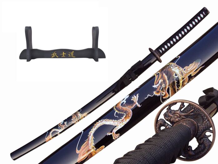 Katana Drachenschwert aus echtem Metall nicht scharfes Samurai-Schwert aus Stahl mit Scheide zur Dekoration für einen Sammler oder als Geschenk 4KM80-405BK