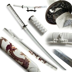 Miecz Katana Ostrze Bambusowe Biały Smok z Pochwą i Stojakiem HK1129WD