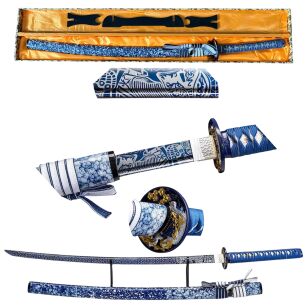 Profesjonalny Ostry Miecz Katana Błękitna Stal 1095 z Pochwą Stojakiem i Skrzynią Prezentową GXSW-03