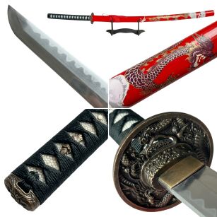 Miecz Katana Ostrze Bambusowe Czerwony Smok z Pochwą i Stojakiem HK1137WD