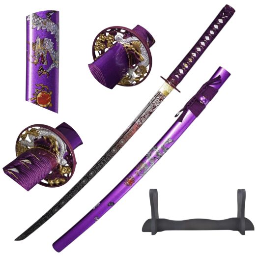 Profesjonalny Ostry Miecz Katana Fioletowa Stal 1095 z Pochwą Stojakiem i Skrzynią Prezentową GXSW-04