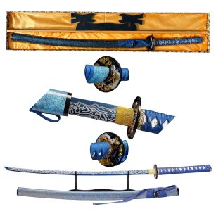 Profesjonalny Ostry Miecz Katana Niebieska Stal 1095 z Pochwą Stojakiem i Skrzynią Prezentową GXSW-02