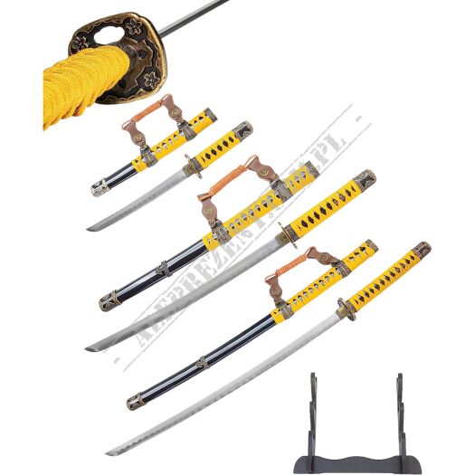 Tachi Schwert Set - Katana Schwert Echt Metall Wakizashi, Tanto - Samurai Schwert aus Stahl - Samurai Schwerter als Anime Deko - Japanisches Sword mit Schwertständer HKS013
