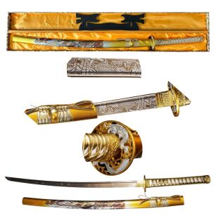Profesjonalny Ostry Miecz Katana Złoty Smok Stal 1095 z Pochwą Stojakiem i Skrzynią Prezentową GXSW-01