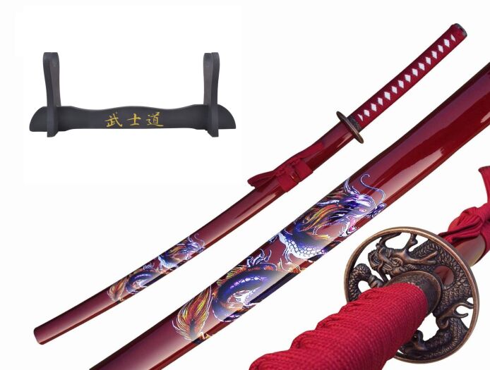 Katana Roter Drache Schwert echt Metall Nicht Scharf Samurai Schwert aus Stahl mit Einer Scheide zur Dekoration für einen Sammler oder als Geschenk 4KM80-405RD