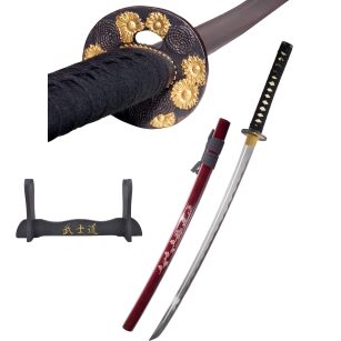 Katana Rot Schwert Scharf Echt Zum Training Metall Stahl 1045 Handgravierte Scheide Samurai 100% Handarbeit nur für Erwachsene - 18 Jahre erforderlich DS034