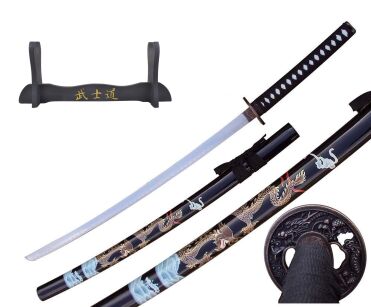 Katana Schwarzer Drache Schwert echt Metall Nicht Scharf Samurai Schwert aus Stahl mit Einer Scheide zur Dekoration für einen Sammler oder als Geschenk 4KM100-405BK