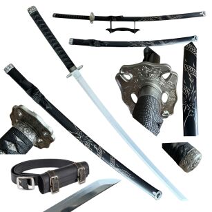 Miecz Katana Ostrze Bambusowe Czarny Grawerowany Smok z Pochwą Pasem i Stojakiem WD237