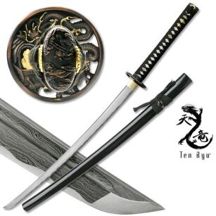 Katana Damast Plus-Wartungskit Ten Ryu Schwert scharf echt zum Training Metall Damast Stahl 1045 Samurai 100% handgefertigt Nur für Erwachsene - 18 Jahre erforderlich MAZ-401